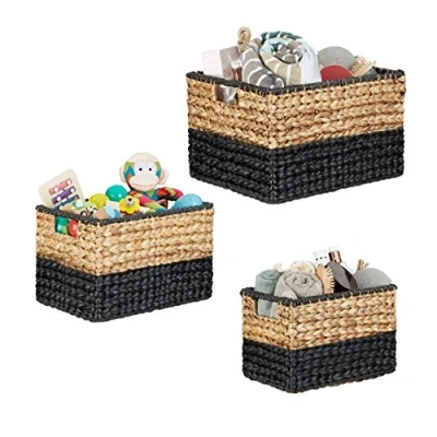 Image of Relaxdays Storage Baskets Set of 3, Water Hyacinth, Wicker Look, Stackable, Portable, Natural/Black