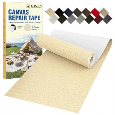 Image of Xroam Canvas Repair Tape, 8 x 160 cm Waterproof Fabric Tape for Furniture, Self Adhesive Patches Boat Covers, Sofas, Tents, Louge Chairs, Canopy, Awning Beige Yellow