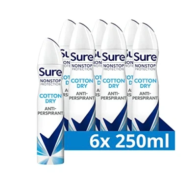 Image of Sure Womens Women Anti perspirant 72H Nonstop Protection Cotton Dry Deodorant 250ml, 6 Pack NA One Size