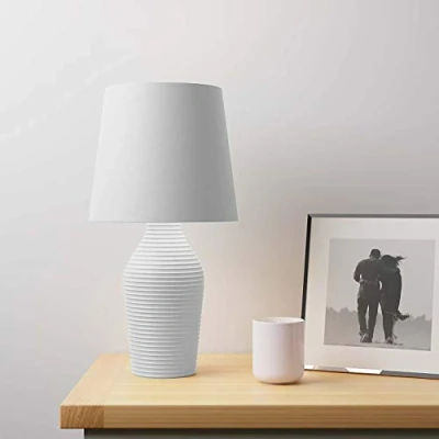 Image of EEMKAY® New Ceramic Luna Stoneware Dove Grey Table Lamp with Faux Linen Fabric Shade Home Décor M 19