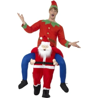 Image of Smiffys Piggyback Santa Costume, Red One Piece Suit with Mock Legs, Christmas Adult Fancy Dress, Dress Up Costumes