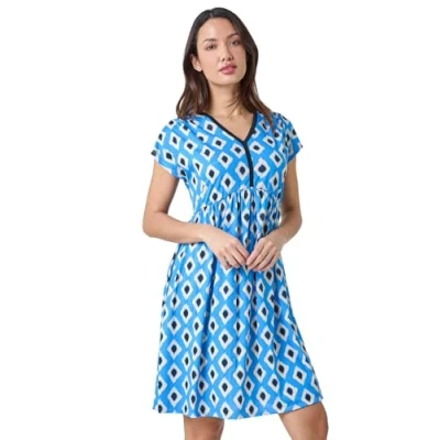 Image of Roman Stretch Jersey Dress for Women UK Ladies Gathered Waist A Line Swing Skater Fit &amp; Flare Winter Autumn Knee Length V Neck Casual Smart Cocktail Party Going Out Blue Size 10