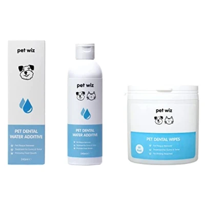 Image of pet wiz Dental Water Additive &amp; Finger Wipes Twin Pack Plaque Remover, Treatment for Gums Tartar, Promotes Fresh Breath