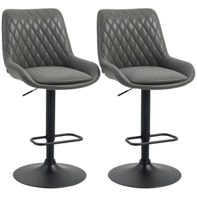 Image of HOMCOM Breakfast Bar Stools Set of 2 with 51x40cm Wide Seat, Height Adjustable Kitchen Counter Chairs, Retro Swivel Upholstered Barstools Back, Footrest and Steel Base, Dark Grey