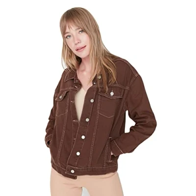 Image of Trendyol Women Regular fit Basic Shirt Collar Denim Jacket Brown