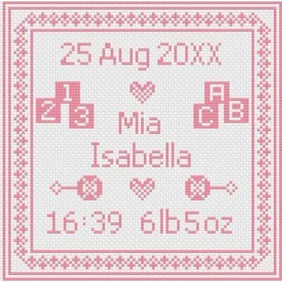 Image of Pink Square Birth Sampler Girl Cross Stitch Kit