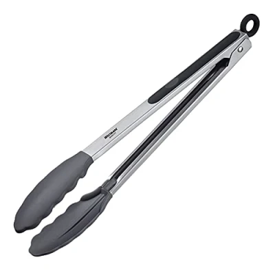 Image of Westmark 16182270 Serving Tongs with Silicone Spoon and Rubberised Handles, Length: 34 cm, Stainless Steel/Plastic/Silicone, Classic Maxi, Silver/Black