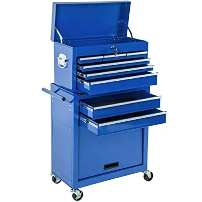Image of TecTake® Tool Cart and Chest Set, 10 Compartments, inc. 8 Drawers, 2 Open Boxes. Mobile Trolley with Ball Bearing Slides, Non Slip Mats, Wheel Brakes Lockable Case. Powder Coated Steel Blue