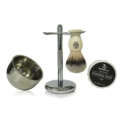Image of Premium Shaving Brush Kit 4 in 1 Set for Men Includes Brush,Shaving Cream Soap,Stainless Steel Bowl and Safety Stand Mens Gift (Ivory White)