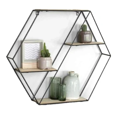 Image of HOMION Floating Hexagonal Shelves Metal &amp; Wood Decorative Round Wall Storage Modern Mounted Multi Display Shelf Fixings Included (3 Tier)
