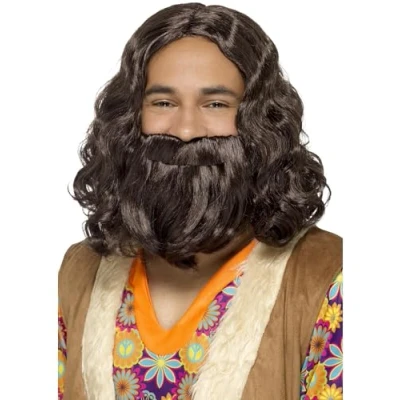 Image of Smiffys Hippie/Jesus Wig &amp; Beard Set, Brown , 1960&#039;s Groovy Fancy Dress, Adult Dress Up Wigs