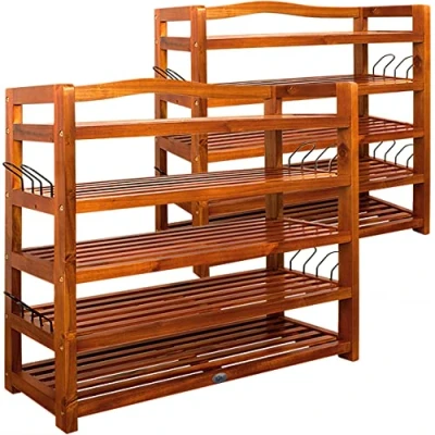 Image of Casaria Deuba 2x Shoe Rack Wood 5 Levels 82x62x26 cm Solid Acacia Narrow Hallway Bathroom Cabinet Shelf, Brown