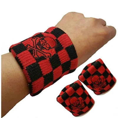 Image of Vonchic Sport Sweatband Wrist Band Checkered Black Red Pirate Skull Cross Bone Logo Sports Sweatbands Wristbands 1Pair