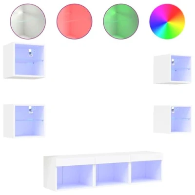 Image of vidaXL White Engineered Wood TV Wall Units, 7 Piece Set with RGB LED Lights Modern mounted Design for Living Space and Workplaces