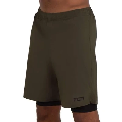 Image of TCA Ultra 2 in 1 Compression Shorts Men Running Gym for with Back Zipped Pocket Forest Night, L