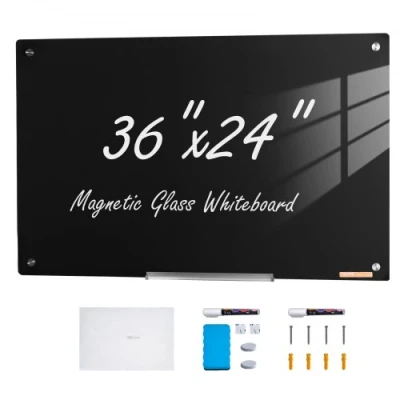 Image of VEVOR Magnetic Glass Whiteboard, Dry Erase Board 36&quot;x24&quot;, Wall Mounted Large White Glassboard Frameless, with Marker Tray, an Eraser and 2 Markers, Black