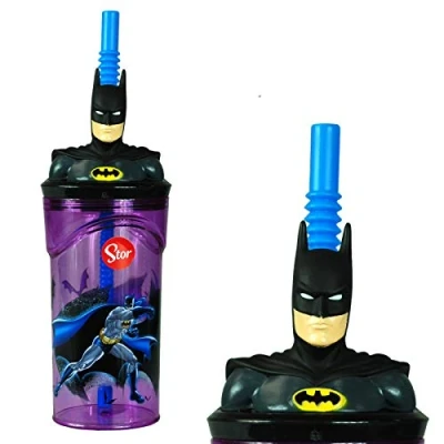 Image of Batman 3D Figurine Plastic Tumbler Beaker with Flexi Straw 360ml 7cm Diameter x 14cm Height Sturdy Novelty Enclosed Drinking Cup.