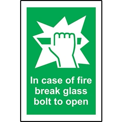 Image of In case of fire break glass bolt to open safety sign Self adhesive sticker 150mm x 100mm
