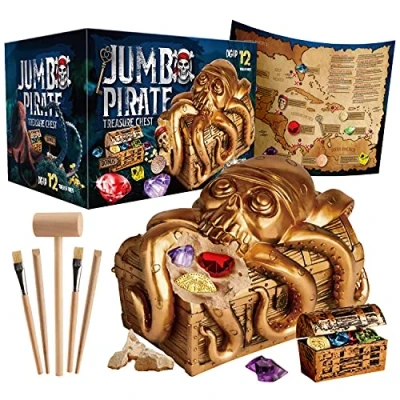 Image of Dr. Daz Jumbo Pirate Excavation Kit for Kids Toys Dig up 12 Treasures, Gemstones, Gold Coins Great Birthday Party Supplies, Gifts Idea Boys &amp; Girls
