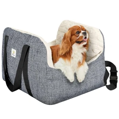 Image of Pawaboo Dog Booster Car Seat for Small Dogs, with Fixed Buckle and Safety Leash, Thickened Bed Seat, Pet Travel Carrier Puppy Car, Up to 25lbs, Gray