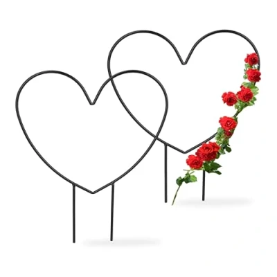 Image of Relaxdays 2x Climbing Aid Heart, Metal, Trellis for Pot and House Plants, HxWxD: 32 x 25 0.5 cm, Flower Support, Black, Steel