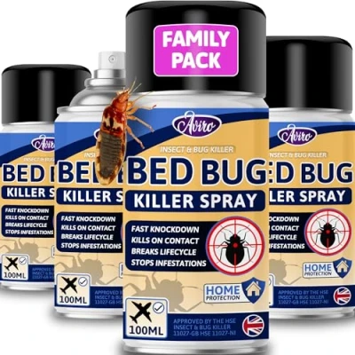 Image of Aviro Travel Bedbug Spray Fast Acting Professional Grade Killer for Immediate Control &amp; Treatment of Bed Bugs Dust Mites. Bug Protection Perfect 4 x 100ml
