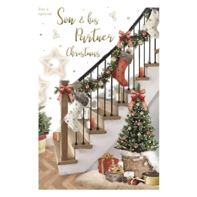 Image of ICG Special Son and his Partner Christmas Card Festive Staircase Stockings Embossed with Foil Flitter Details