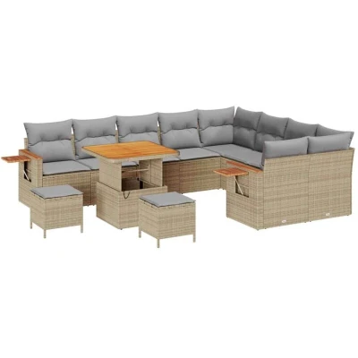 Image of vidaXL 12 Piece Garden Sofa Set with Cushions Beige Poly Rattan Acacia