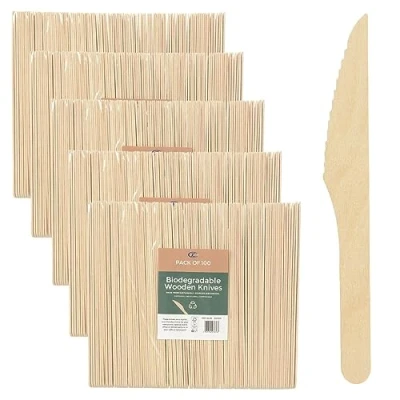 Image of Pack of 500 Disposable Wooden Cutlery Party Picnic Tableware Eco Friendly Knife