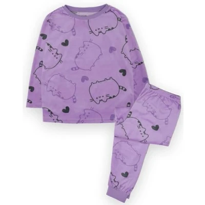Image of Pusheen Girls Pyjama Set Purple All Over Print PJs For Kids Long Sleeve T Shirt &amp; Leg Pants Internet Cat Loungewear Teens Cute Nightwear Merchandise Gift