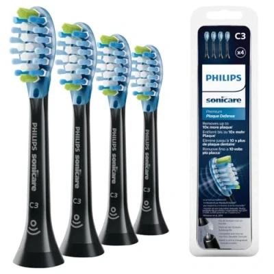 Image of Philips Sonicare Original C3 Premium Plaque Defence Standard Sonic Toothbrush Heads 4 Pack in Black (Model HX9044/33) (Packing May Vary)