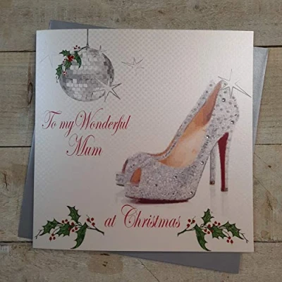 Image of White Cotton Cards To My Wonderful Mum, Handmade Large Christmas Card. Glitter Shoe (Code xx14 36)