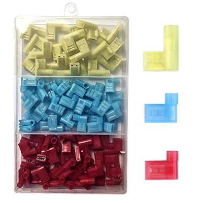 Image of Gebildet 100pcs 90 Degree Nylon Insulated Flag Terminal Female, F Type Wire Crimp Electrical Connector, Full Female Push On 12 10 AWG/ 22 14 AWG (Red 40, Blue Yellow 20)