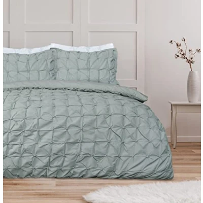Image of Sleepdown Rouched Pleats Sage Green Easy Care Soft Pintuck Duvet Cover Quilt Bedding Set with Pillowcases Double (200 cm x 200 cm)