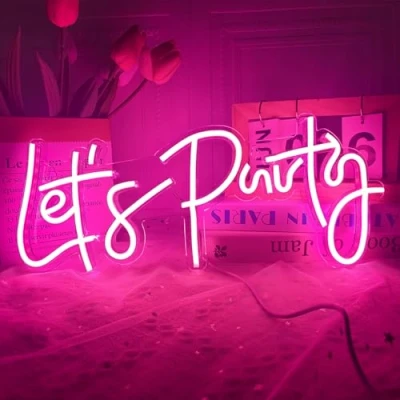 Image of Let&#039;s Party Neon Sign, LED Light Signs for Wall Decor, Art Decoration Letter Sign Bedroom Decor,Birthday Party,Wedding,Valentines Day Gift (Let&#039;s Pink),40 x 17CM