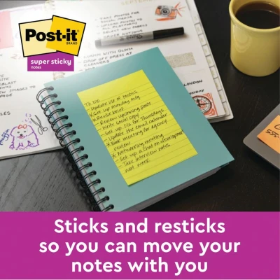 Image of Post it Super Sticky Large Notes, Double the Sticking Power, Lined, 3 Pads, 270 Sheets, 101 mm x 152 mm, Blue, Green, Pink Colors Self Notes for Walls, Monitors and Fridge
