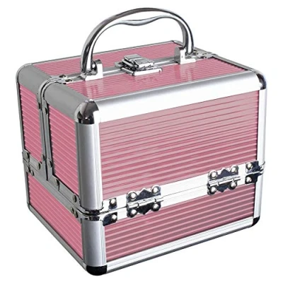 Image of iGadgitz Home U7036 Aluminium Make Up Case, Cosmetic Hard Vanity Box, Beauty Case 4 x Fold Out Trays, Larger Bottom Compartment &amp; Carry Handle Pink Small
