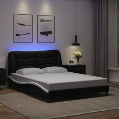 Image of vidaXL LED Lit Contemporary Bed Frame Double Bed, Faux Leather, Black and White, 120x200 cm with Plywood Slats USB Lighting