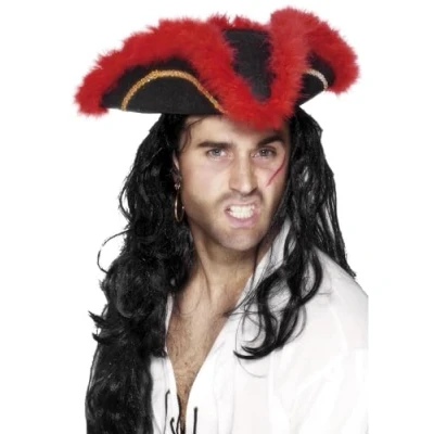 Image of Smiffy&#039;s Pirate Tricorn Hat Feather Braid and Marabou Red/Black Gold