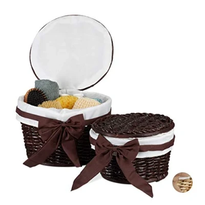 Image of Relaxdays Bathroom Baskets Set of 2, Storage Box with Lids, Decorative Buri Wood, Wicker Look, Round, Choco Brown