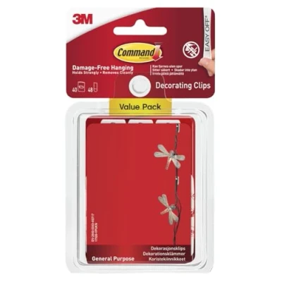 Image of Command Decorating Clips, Pack of 40 Mini Hooks and 48 Small Adhesive Strips, White Hanging Clips for Decorations Fairy Lights, Wall Damage Free