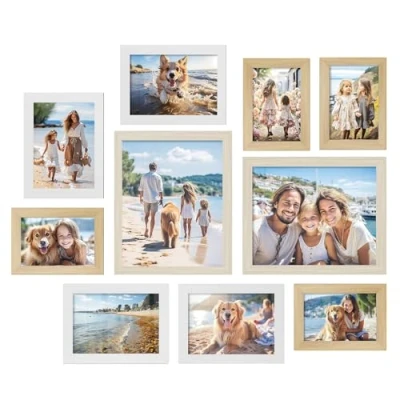 Image of SONGMICS Set of 10 Picture Frames, Two 20 x 25 cm (8 Inches), Four 13 18 (5 7 15 (4 6 Plastic Front, MDF, Natural Oak, Cloud White, Beige RPF310K02