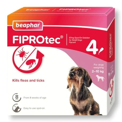 Image of Beaphar FIPROtec Spot On for Small Dogs (210kg) Kills Fleas &amp; Ticks Vet Strength Treatment 4 Pipettes