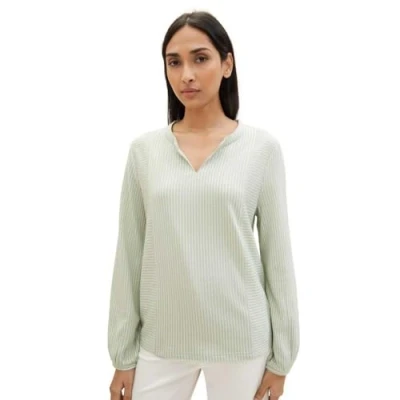 Image of TOM TAILOR Women&#039;s 1040546 Long Sleeved T Shirt, 34914 Desert Green White Thin Stripe, XS