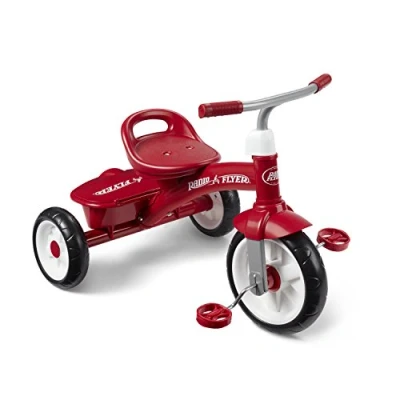 Image of Radio Flyer Red Rider Kids Trike, Outdoor Toddler Tricycle with Covered Bin Ride on Toy Adjustable Seat, Steel Construction, Quiet Wheels
