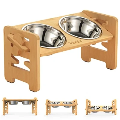 Image of Vantic Elevated Dog Bowls with Stand for Small Dogs, Raised Bowls, 6 Heights Adjustable on Stands, Bamboo Feeding Station 2 Stainless Steel and Non Slip Feet, 17cm High