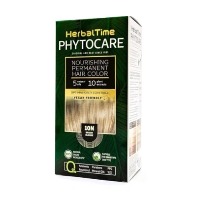 Image of Herbal Time Phytocare Permanent Hair Dye Color Bright Blonde 10N Professional Natural Kit Nourish and Protect Your Ammonia, PPD SLS Free 124.5 ml