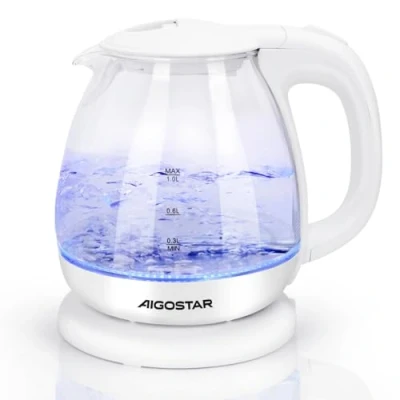 Image of Aigostar Small Electric Kettle, 1.0L White Glass Kettle Cordless, Compact Mini Clear Water Tea Fast Quiet Boil for Kitchen Bedroom Office, 2200W Elvin 3011Q