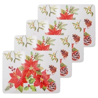 Image of Christmas Tableware Corked Back Set of Beautifully Coloured Poinsettia Placemats or Coasters (4 8655)