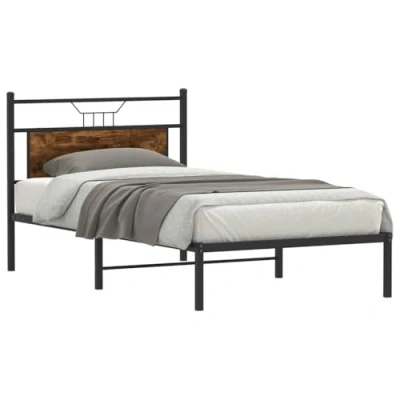 Image of vidaXL Bed Frame Smoked Oak Finish with Headboard/Extra Storage 100x200 cm Single Bedstead for Bedroom